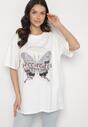 Biały T-shirt Oversize z Bawełny z Nadrukiem z Motylem Nonatira