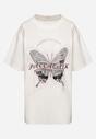 Biały T-shirt Oversize z Bawełny z Nadrukiem z Motylem Nonatira