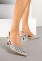 Srebrne Eleganckie Ażurowe Sandały na Obcasie Typu Kaczuszka z Cyrkoniami Lilabis