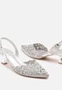 Srebrne Eleganckie Ażurowe Sandały na Obcasie Typu Kaczuszka z Cyrkoniami Lilabis