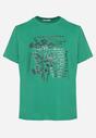 Ciemnozielony T-shirt z Bawełny z Metalicznym Nadrukiem Olianea