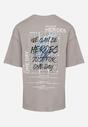 Szara  Koszulka T-shirt z Bawełny z Napisami i Nadrukiem na Plecach Danirsa