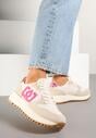 Beżowo-Różowe Sneakersy na Grubej Podeszwie z Ozdobną Aplikacją Alivrella