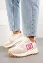 Beżowo-Różowe Sneakersy na Grubej Podeszwie z Ozdobną Aplikacją Alivrella