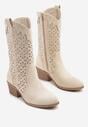 Beżowe Ażurowe Botki na Obcasie w Stylu Kowbojek Lissemi