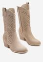 Ciemnobeżowe Ażurowe Botki na Obcasie w Stylu Kowbojek Lissemi