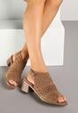 Ciemnobeżowe Sandały Botki na Słupku z Ażurową Cholewką i Noskiem Peep Toe Lanira
