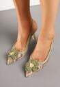 Zielone Plecione Sandały Slingback na Szpilce Zdobione Kwiatową Aplikacją Willifia
