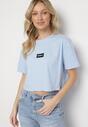 Niebieski Bawełniany T-shirt Crop Top z Naszywką Adivios