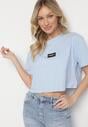 Niebieski Bawełniany T-shirt Crop Top z Naszywką Adivios