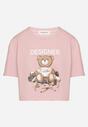 Różowy Bawełniany T-shirt o Krótkim Kroju z Misiem Elanorel