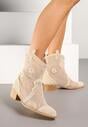 Jasnobeżowe Ażurowe Botki w Stylu Kowbojek na Stożku ze Skórzaną Wkładką Xalozi