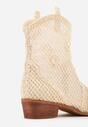 Jasnobeżowe Ażurowe Botki w Stylu Kowbojek na Stożku ze Skórzaną Wkładką Xalozi