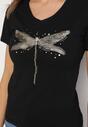 Czarny Bawełniany T-shirt z Motywem Ważki i Cyrkoniami Ulimira
