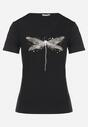 Czarny Bawełniany T-shirt z Motywem Ważki i Cyrkoniami Ulimira