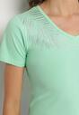 Jasnozielony Bawełniany T-shirt z Dekoltem w Serek z Cyrkoniową Aplikacją Nirivale