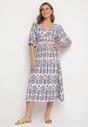 Niebiesko-Kremowa Sukienka Wiskozowa Rozkloszowana z Odkrytymi Plecami w Print Boho Turaisa