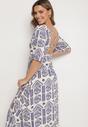 Niebiesko-Kremowa Sukienka Wiskozowa Rozkloszowana z Odkrytymi Plecami w Print Boho Turaisa