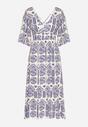 Niebiesko-Kremowa Sukienka Wiskozowa Rozkloszowana z Odkrytymi Plecami w Print Boho Turaisa