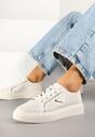 Beżowe Skórzane Sneakersy z Perforacją i Trójkątną Aplikacją Tellarosa