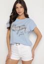 Jasnoniebieski T-shirt z Bawełny Typu Nietoperz z Cyrkoniami i Perełkami Linellis