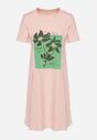 Różowa Bawełniana Sukienka o Kroju Typu T-shirt Zdobiona Nadrukiem Nevolira