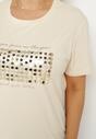 Beżowy T-shirt Bawełniany Ozdobiony Cekinami Lirenell