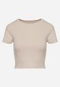 Beżowy T-shirt z Prążkowanego Materiału o Krótkim Kroju Telunna