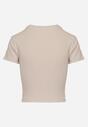 Beżowy T-shirt z Prążkowanego Materiału o Krótkim Kroju Telunna