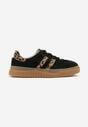 Czarne Skórzane Sneakersy Klasyczne Tenisówki z Zamszu Naturalnego ze Wzorem w Panterkę Teniresela