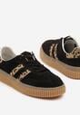 Czarne Skórzane Sneakersy Klasyczne Tenisówki z Zamszu Naturalnego ze Wzorem w Panterkę Teniresela