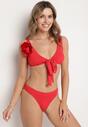 Czerwone Bikini Biustonosz z Odpinanym Kwiatem 3D Majtki Typu Figi i Siateczkowe Pareo Folane