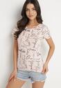 Różowy T-shirt z Bawełny Zdobiony Nadrukiem z Napisami Mirindela