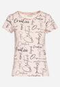 Różowy T-shirt z Bawełny Zdobiony Nadrukiem z Napisami Mirindela