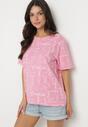 Różowy T-shirt Oversize z Bawełny Zdobiony Nadrukiem Sinelra