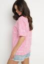 Różowy T-shirt Oversize z Bawełny Zdobiony Nadrukiem Sinelra