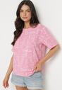 Różowy T-shirt Oversize z Bawełny Zdobiony Nadrukiem Sinelra