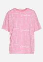 Różowy T-shirt Oversize z Bawełny Zdobiony Nadrukiem Sinelra