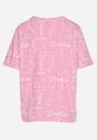 Różowy T-shirt Oversize z Bawełny Zdobiony Nadrukiem Sinelra