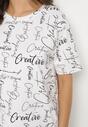 Biały T-shirt Oversize z Bawełny Zdobiony Nadrukiem Sinelra