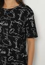 Czarny T-shirt Oversize z Bawełny Zdobiony Nadrukiem Sinelra
