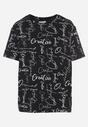 Czarny T-shirt Oversize z Bawełny Zdobiony Nadrukiem Sinelra