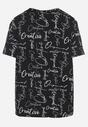Czarny T-shirt Oversize z Bawełny Zdobiony Nadrukiem Sinelra