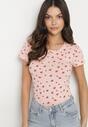 Różowy Bawełniany T-shirt w Kwiatowy Wzór Savele