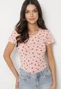 Różowy Bawełniany T-shirt w Kwiatowy Wzór Savele