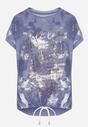Niebieski T-shirt z Bawełny Ozdobiony Metalicznymi Napisami i Wiązaniem Savorisse