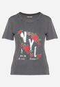 Ciemnoszary T-shirt z Bawełny Ozdobiony Napisami i Kwiatami Savierele