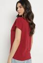 Bordowy Bawełniany T-shirt z Trójkątnym Dekoltem Linarosea