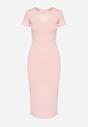 Różowa Sukienka Dopasowana Bodycon z Dekoltem w Serek Efricene