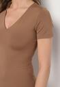 Brązowa Sukienka Dopasowana Bodycon z Dekoltem w Serek Efricene